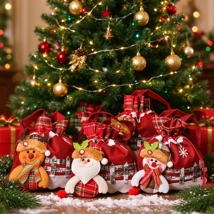 Christmas Drawstring Gift Bags — Reusable Fabric Pouch Set for Favors