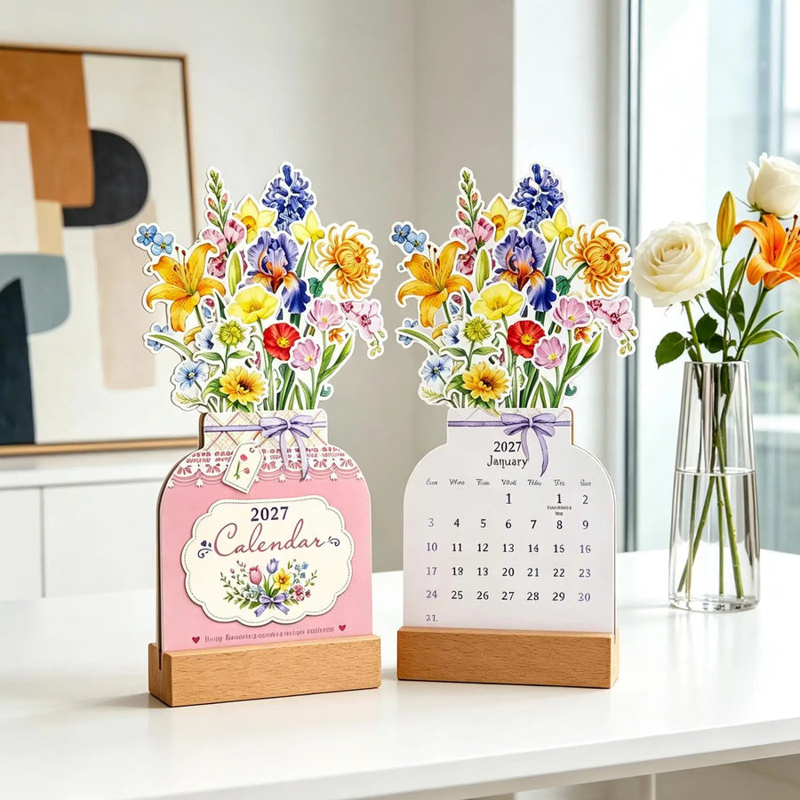 2027 Floral Desk Calendar — Monthly Planner with Wooden Vase Base