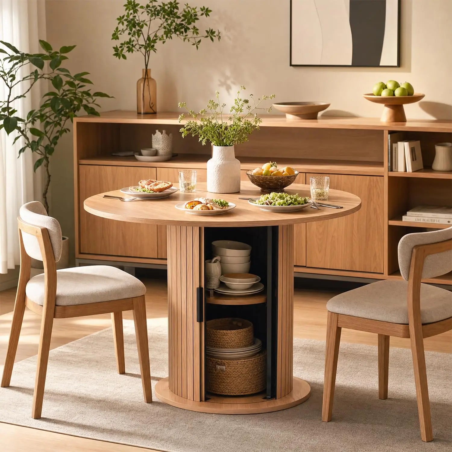 HiMISS Round Dining Table — Space-Saving Kitchen Table with Center Storage