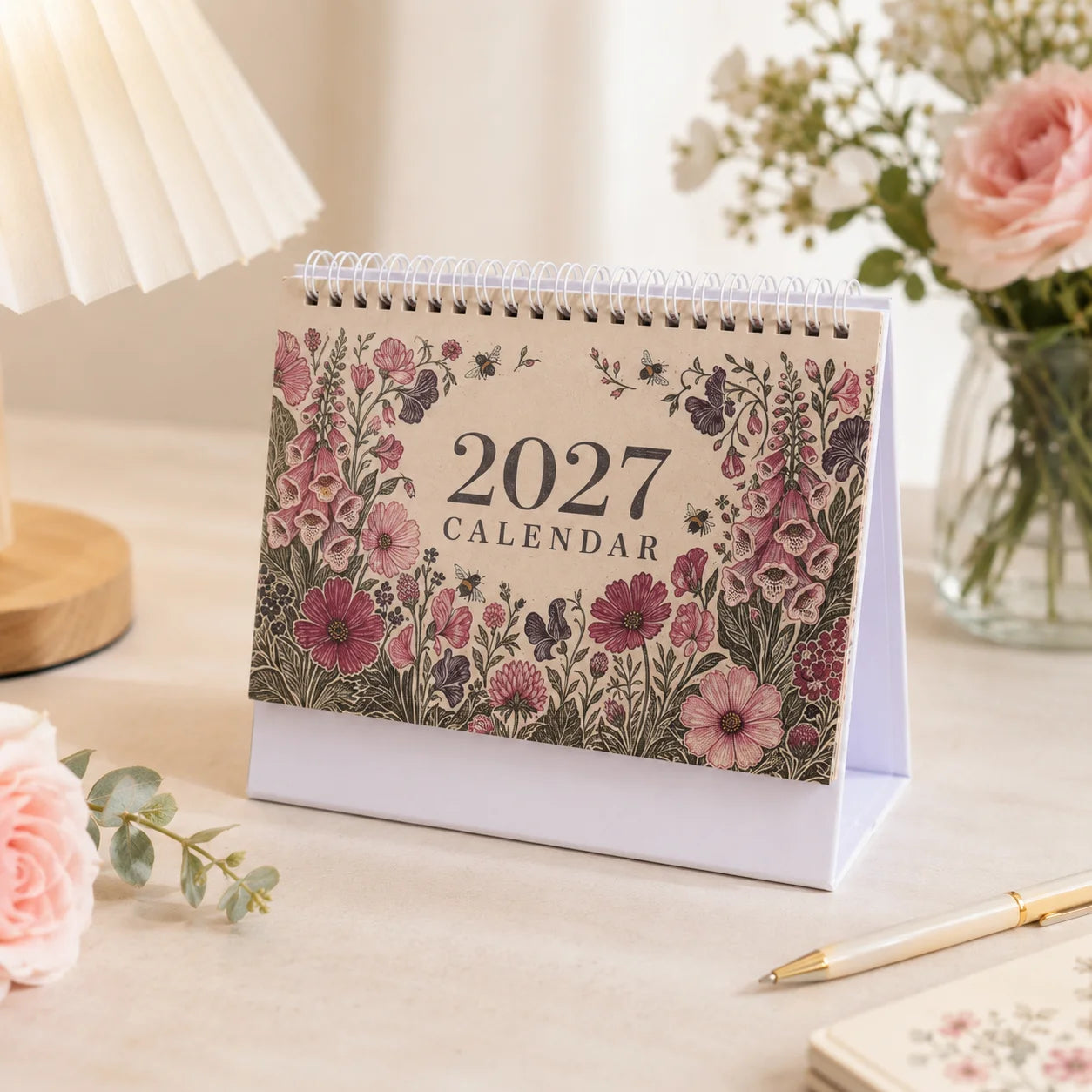 2027 Desk Planner Calendar — Spiral Bound Monthly Organizer, Floral Design