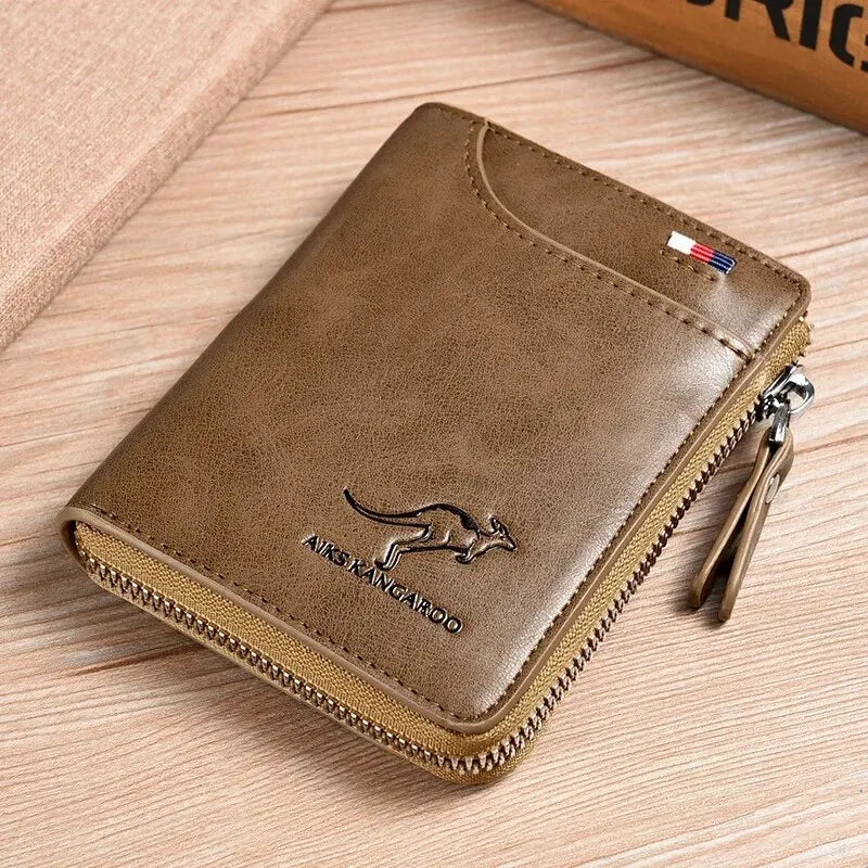 Men's Leather Business Card Holder — Slim Zippered RFID Protection Wallet