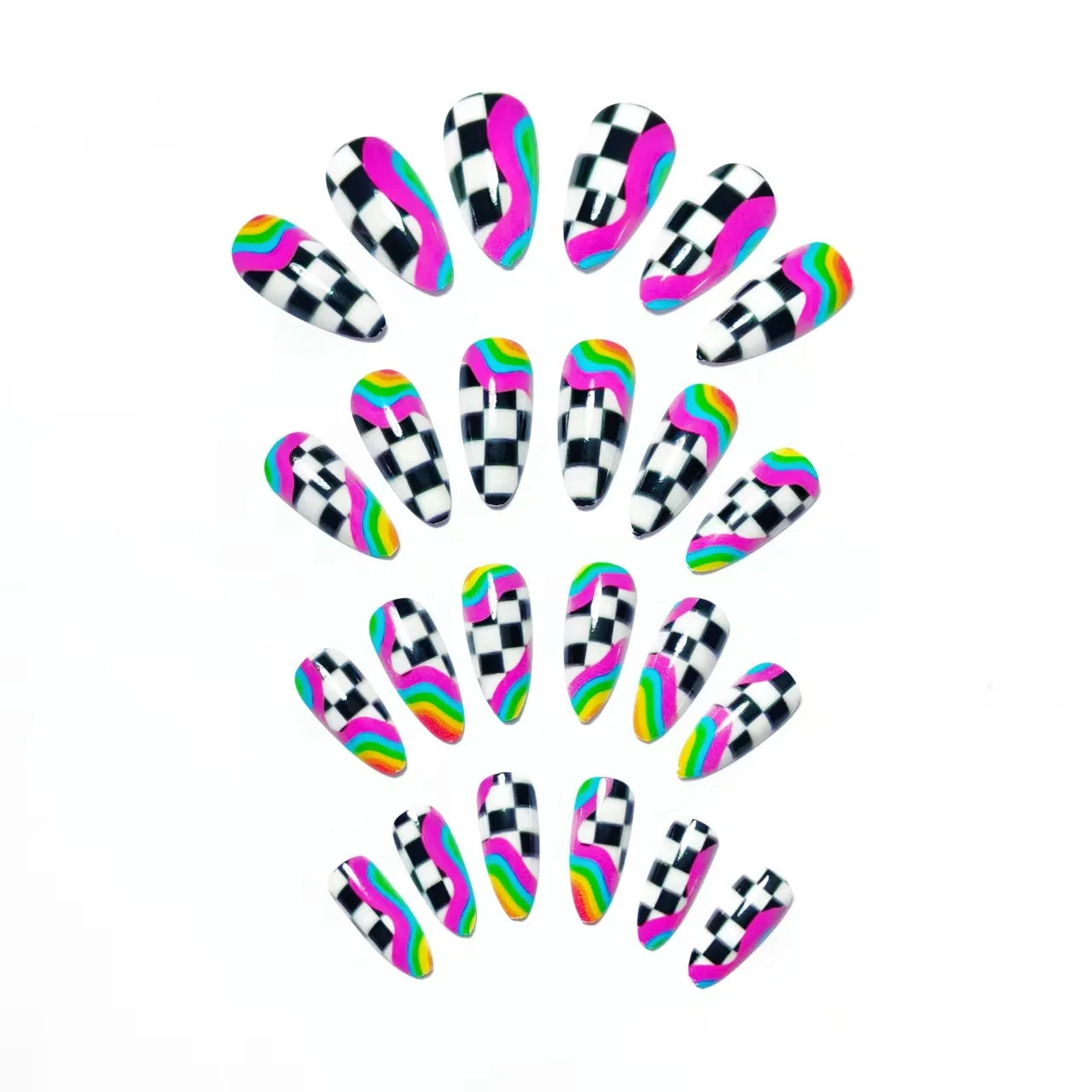 Stylebon Press-On Nails — Short Almond Checkerboard & Neon Design