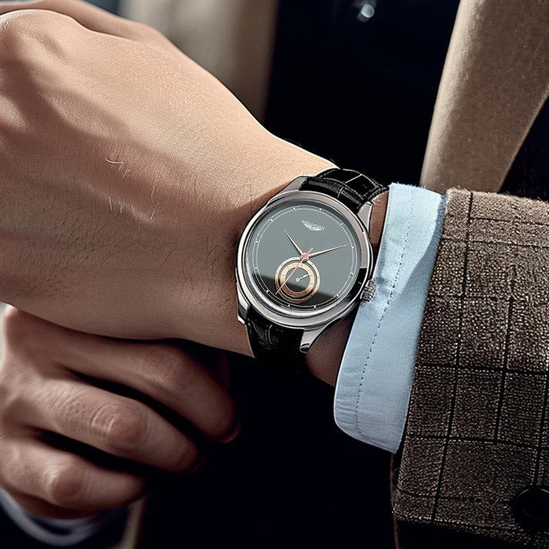 Men's Black Leather Quartz Watch — Elegant Business & Casual Timepiece