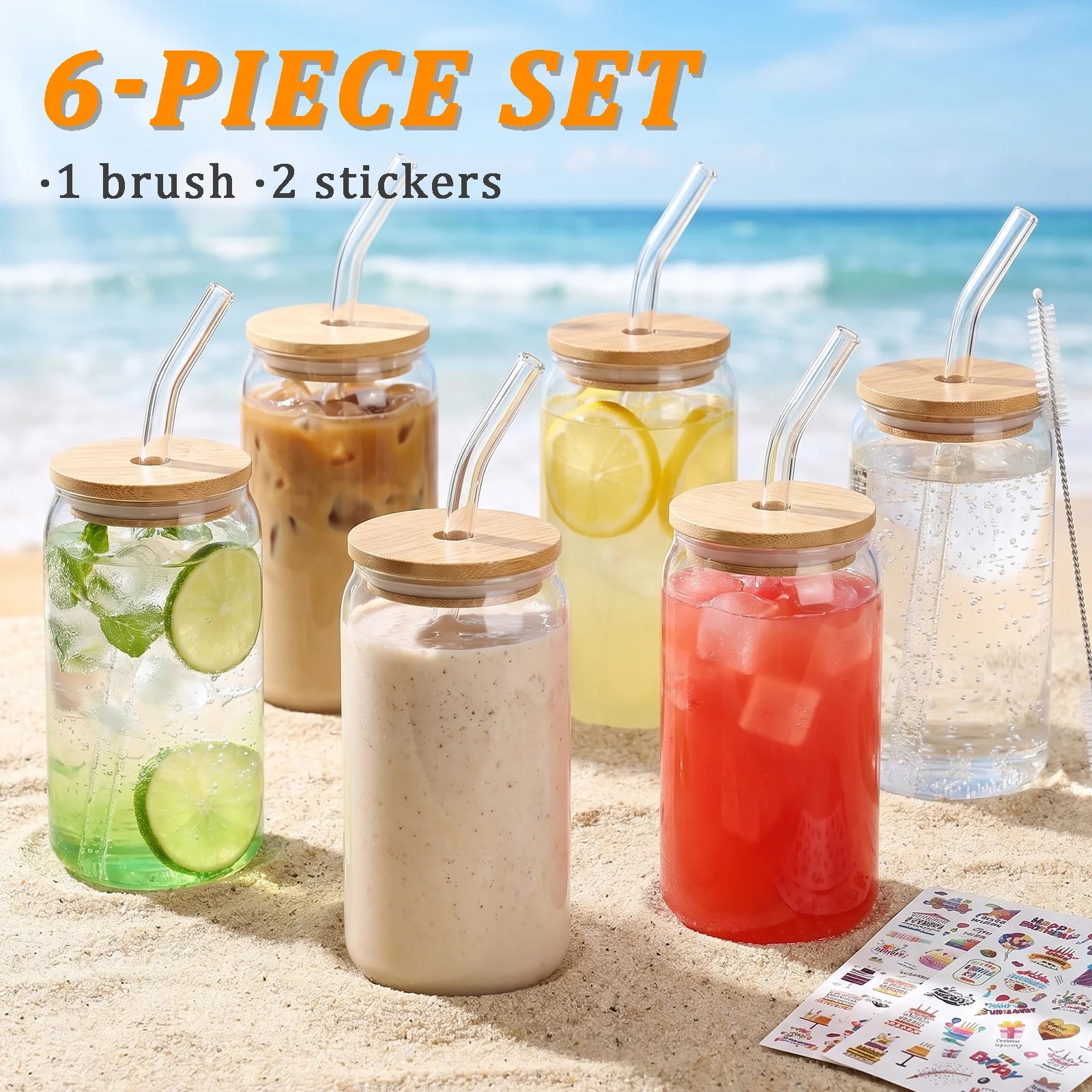 Glass Tumbler Set with Bamboo Lids — Reusable Iced Coffee Cups & Straws