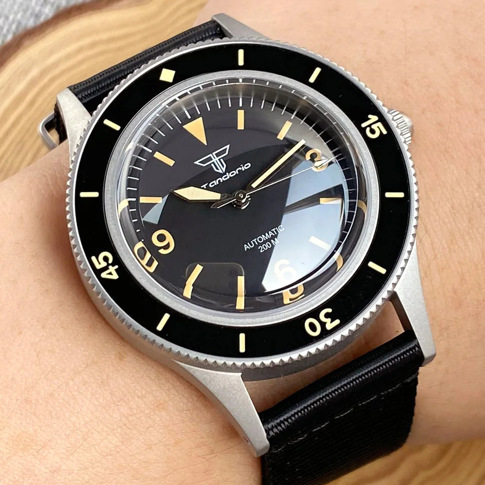Tandorio Automatic Mechanical Diving Watch — Luminous Sapphire Glass, Black Dial
