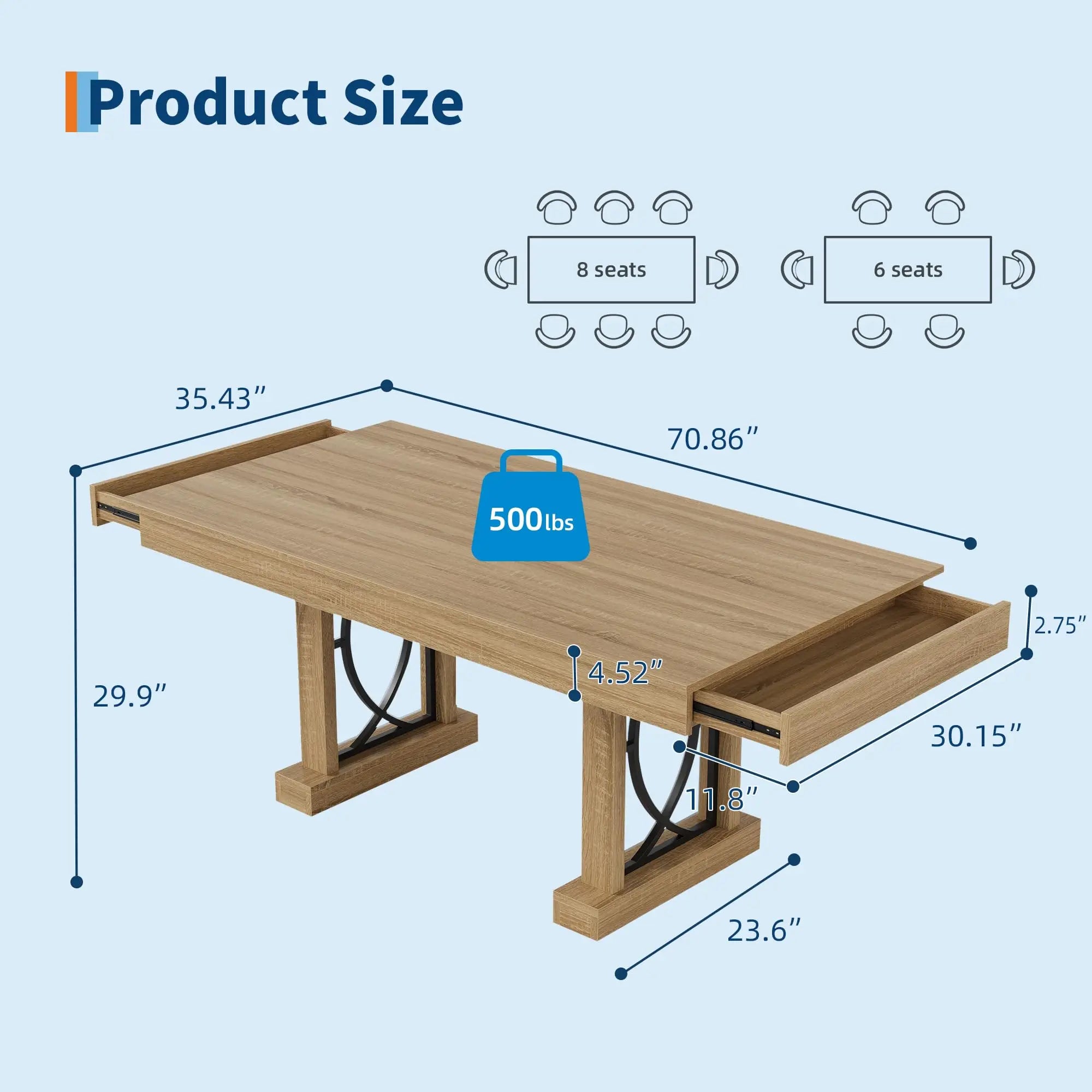 HiMISS 71 Inch Rustic Dining Table — Large Wood Kitchen Table with Storage