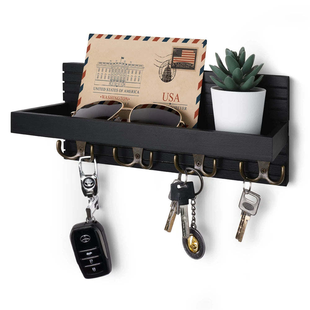 Wooden Wall Mounted Key Holder — Rustic Entryway Organizer with 4 Hooks