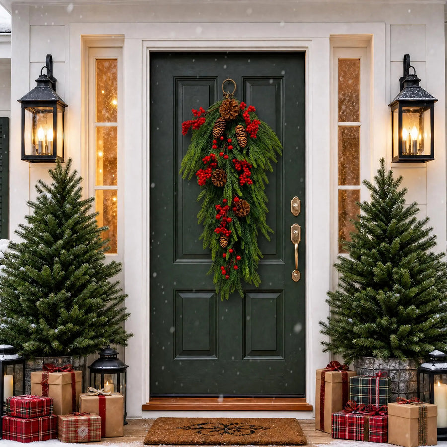 HiMISS Pre-Lit Christmas Teardrop Swag — LED Pine & Berry Door Decor