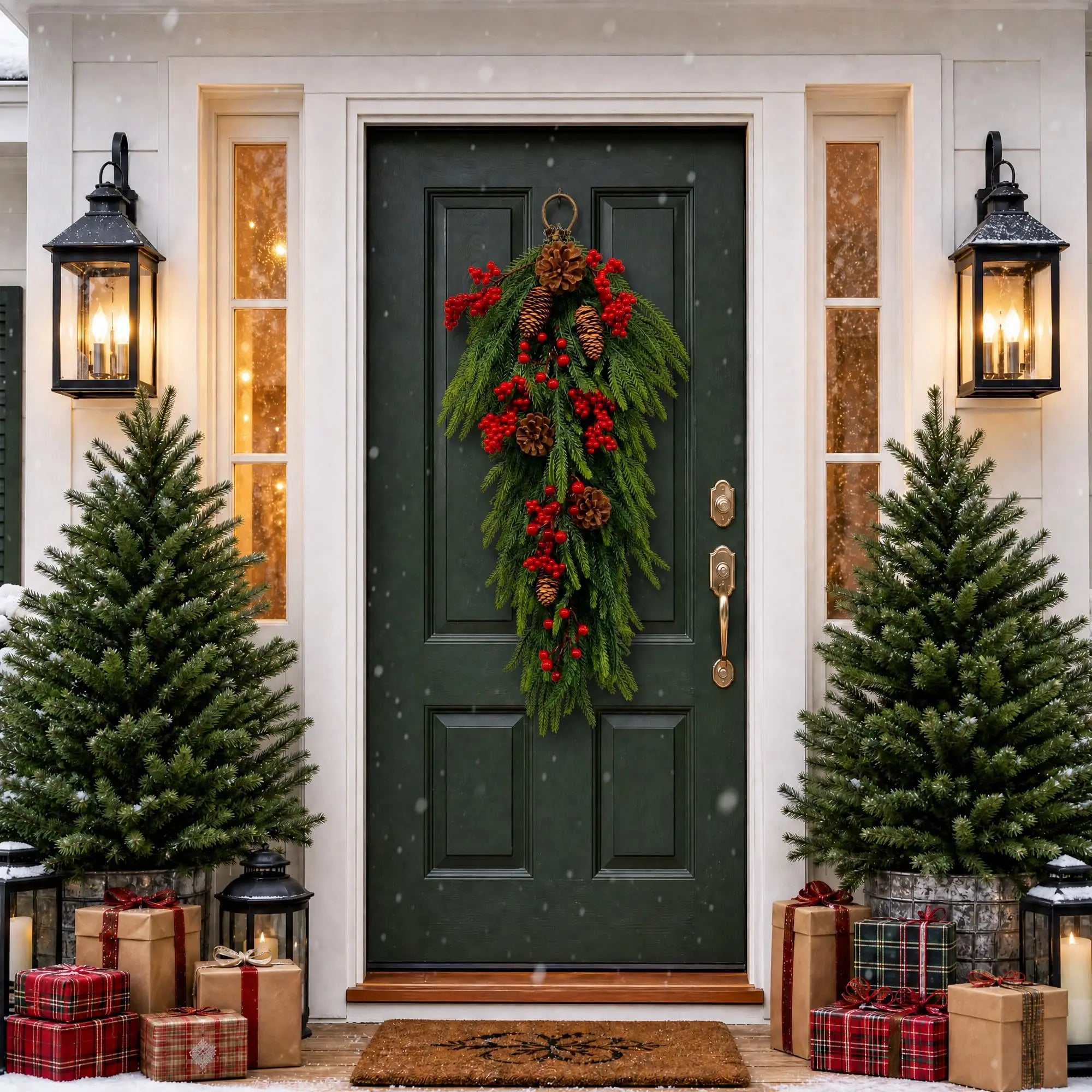HiMISS Pre-Lit Christmas Teardrop Swag — LED Pine & Berry Door Decor