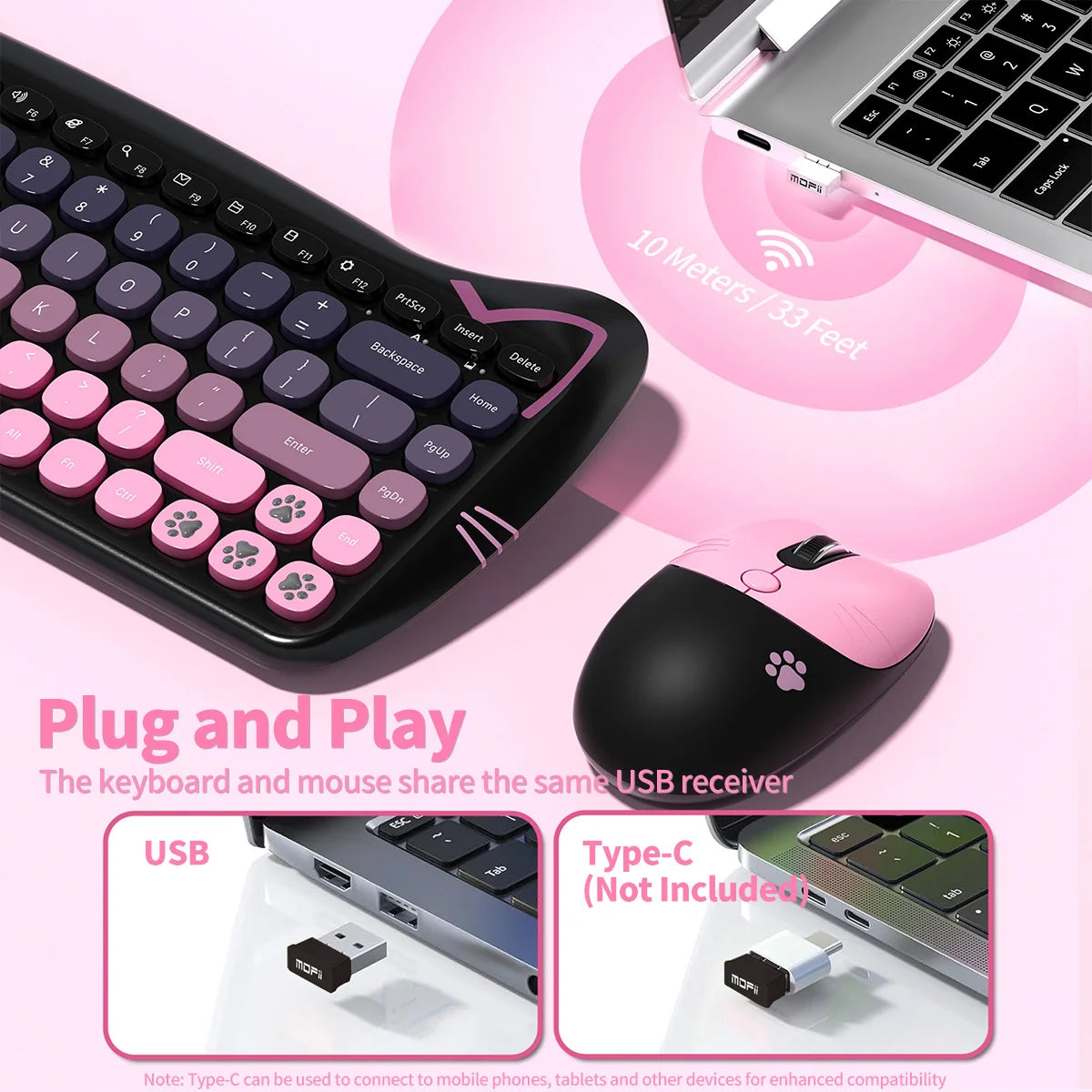 Geezer Wireless Silent Keyboard and Mouse Combo — Retro Cat Ear Design