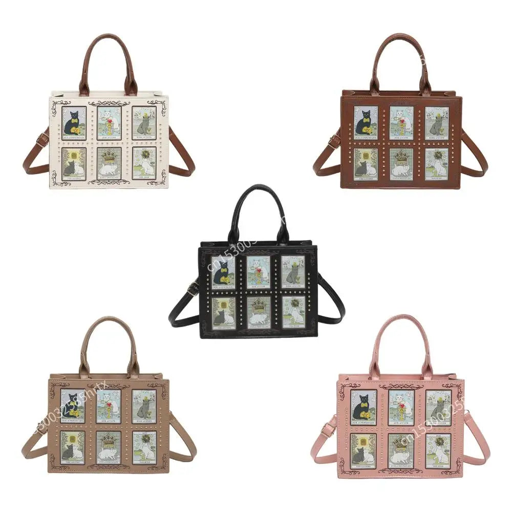 Cat Motif Top-Handle Handbag — Retro PU Leather Crossbody Bag