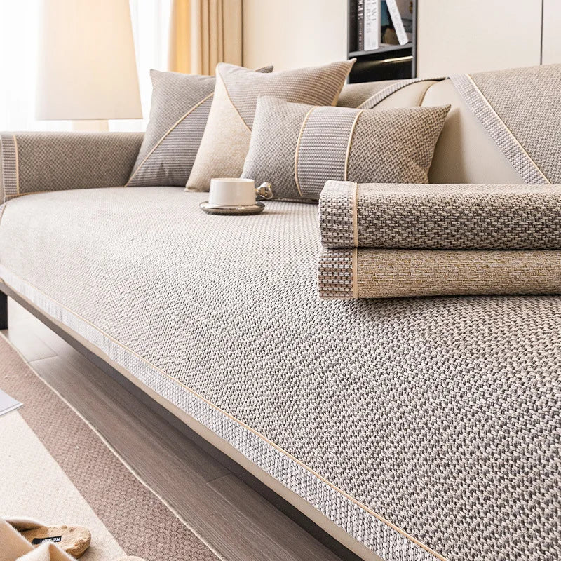 Woven Cotton and Linen Sofa Cover — Non-Slip All-Season Cushion Protector