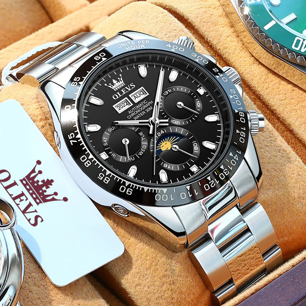 OLEVS Automatic Mechanical Watch — Luxury Moon Phase & Date Display