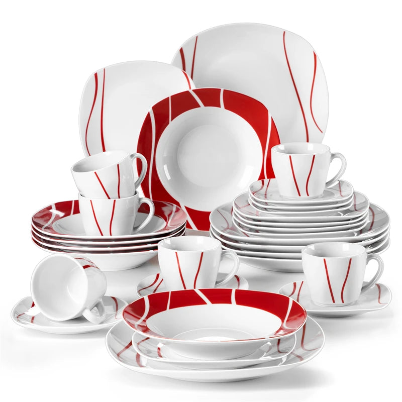 MALACASA Felisa 30-Piece Dinnerware Set — Ivory White Porcelain with Red Stripes