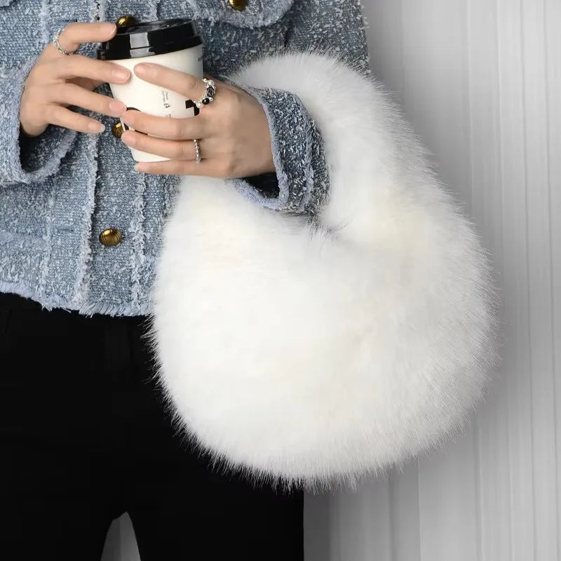 Faux Fur Hobo Shoulder Bag — Soft Plush Handbag for Women