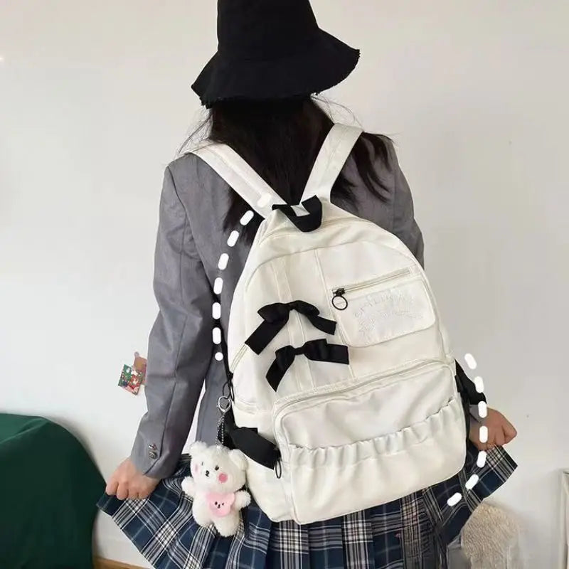 Cute Bow Canvas Backpack — Stylish College Style School Bag for Women