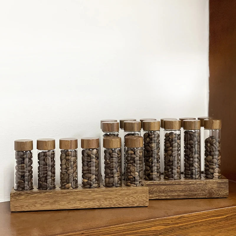 ALIKISSCAFE Coffee Bean Storage Container — Walnut Display Rack & Glass Tubes