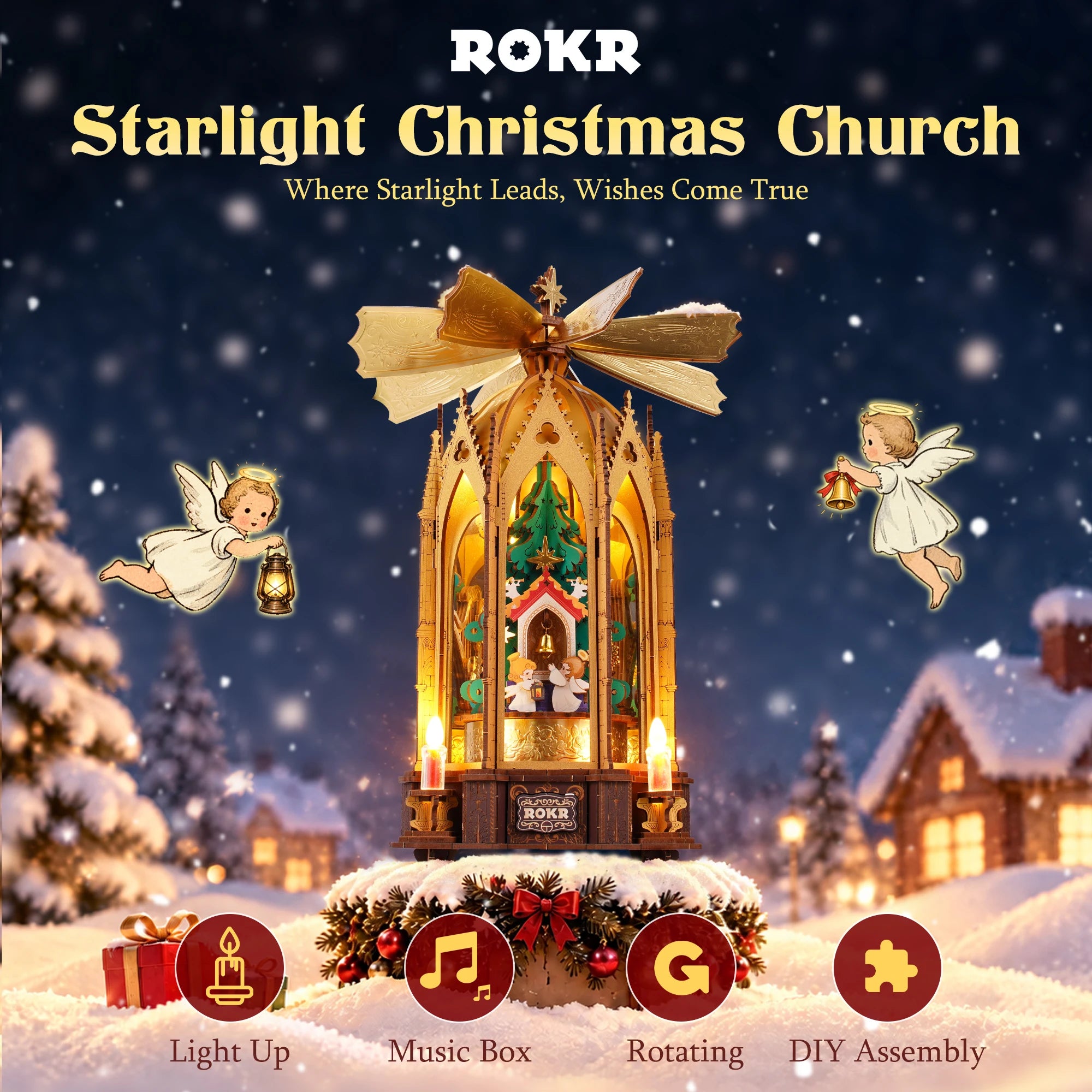 ROKR Angel's Christmas Pyramid — 3D Wooden Music Box with LED Light