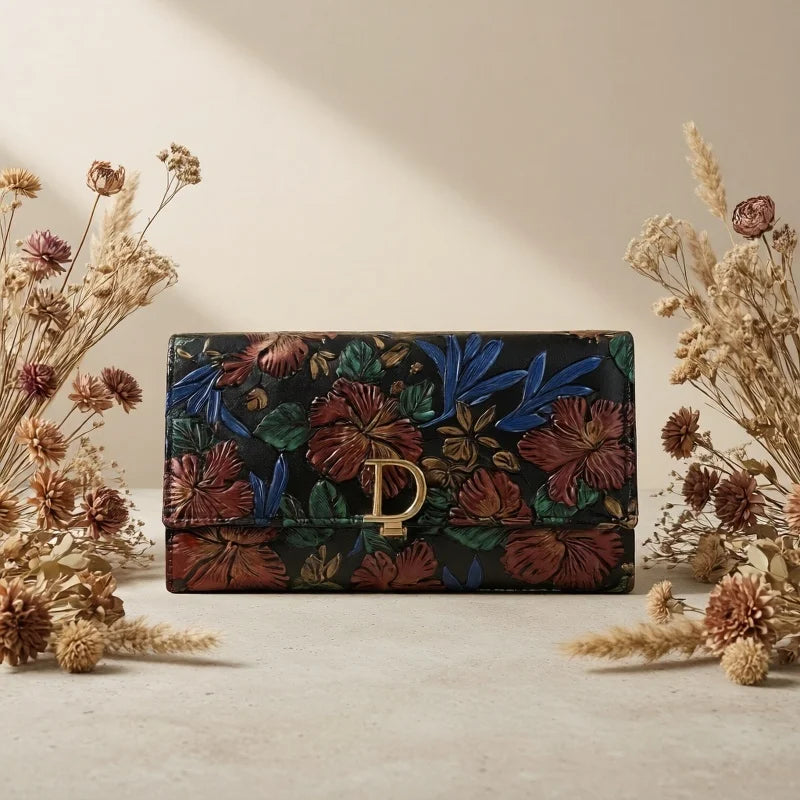 Floral Embossed Leather Clutch — Convertible Crossbody Bag with Chain