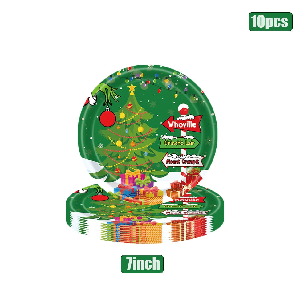 Festive Green Christmas Tableware Set — Disposable Party Supplies