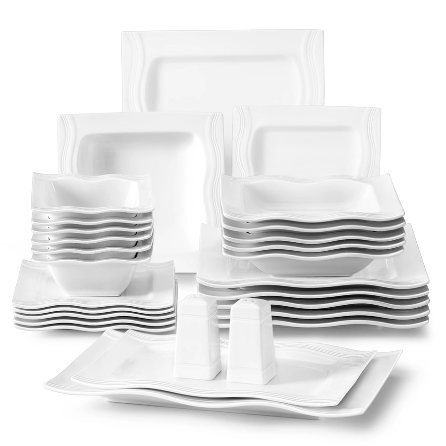 MALACASA 28-Piece Square Porcelain Dinnerware Set — Elegant White Ceramic Tableware