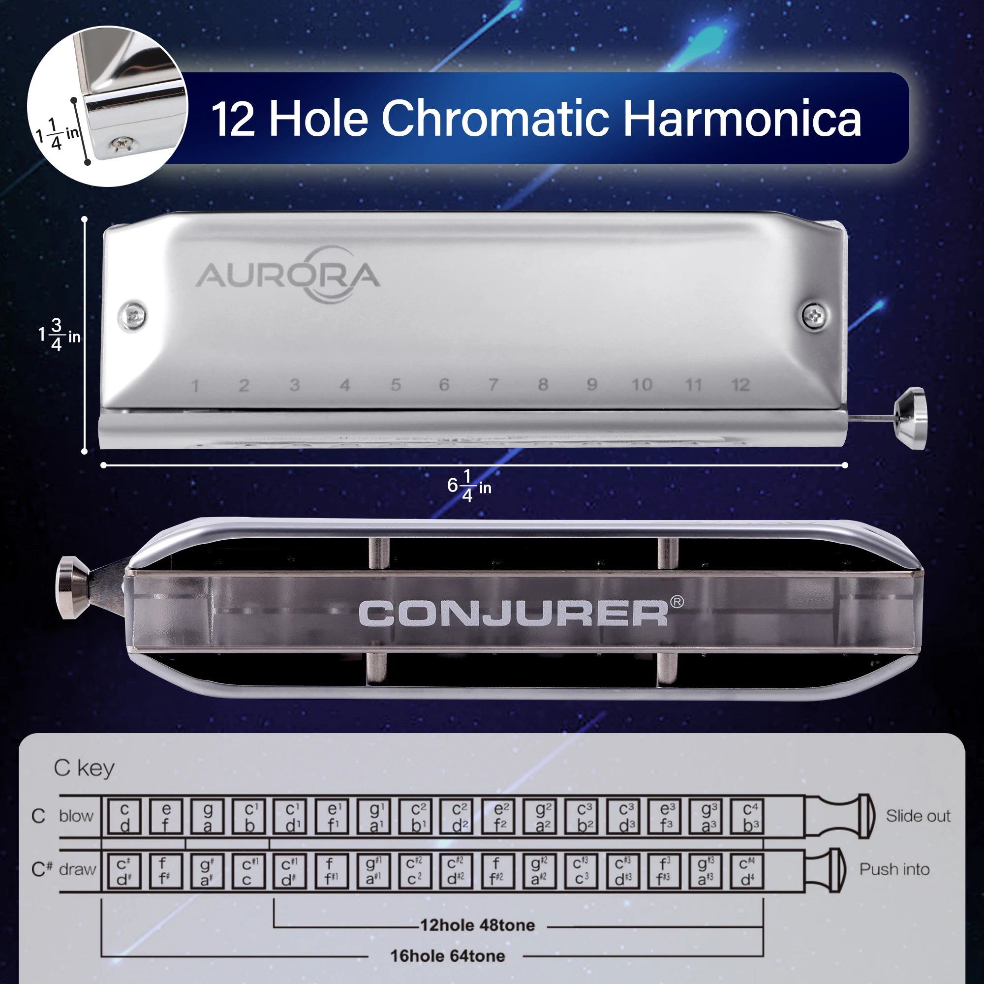 conjurer Aurora Chromatic Harmonica — 12-Hole Professional Musical Instrument