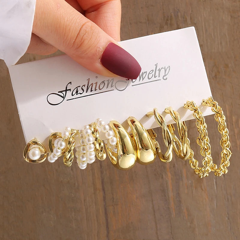 Vintage Geometric Pearl Earrings Set — Gold Tone Dangle & Stud Jewelry