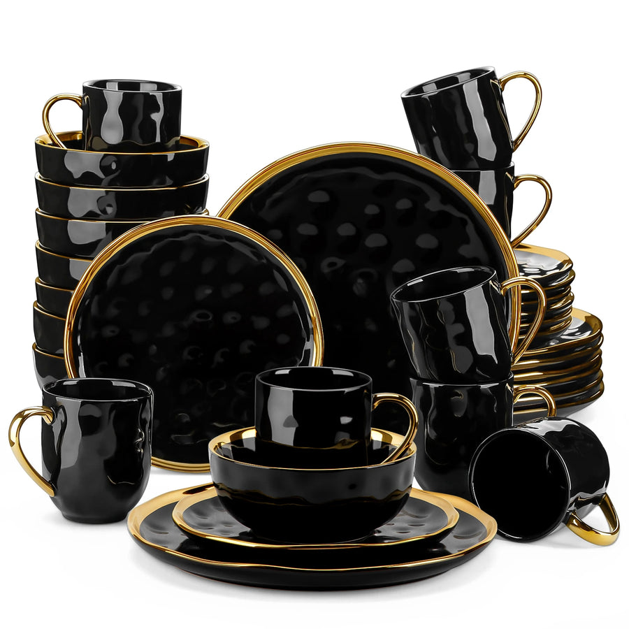 MALACASA Black Porcelain Dinnerware Set — Elegant Gold Trim Tableware
