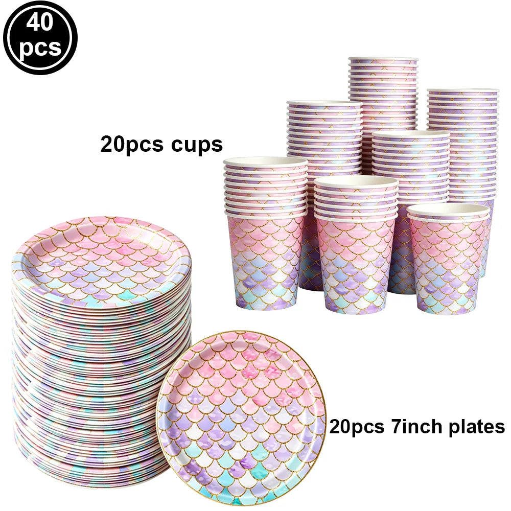 Mermaid Scales Pattern Party Supplies — Disposable Tableware Decor Set