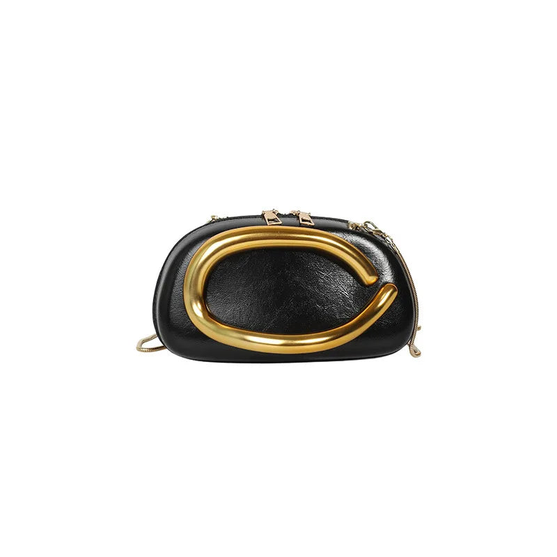 Elegant Round Evening Clutch — Metal Handle Crossbody Bag with Chain Strap