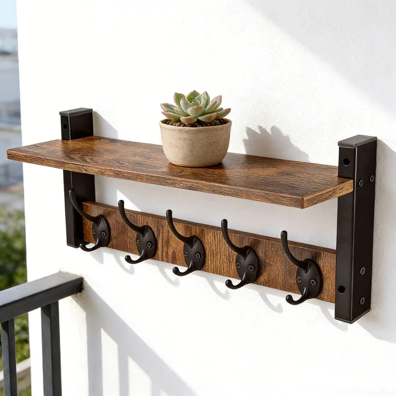 Rustic Wood Wall Shelf Key Holder — Floating Organizer with 5 Hooks