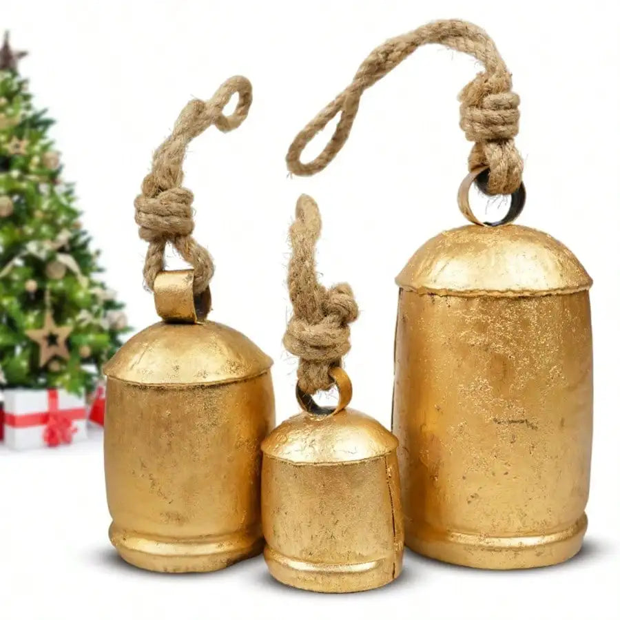 Rustic Gold Christmas Bells — Set of 3 Decorative Holiday Ornaments