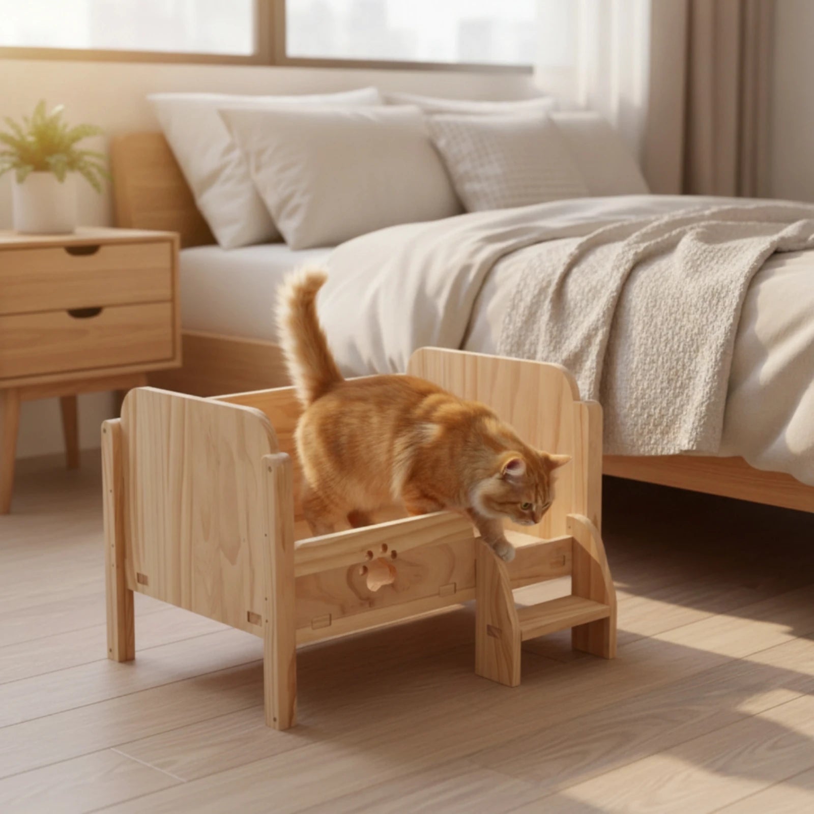 Elevated Wooden Pet Bed — Cozy Indoor Sofa with Step for Cats and Small Dogs