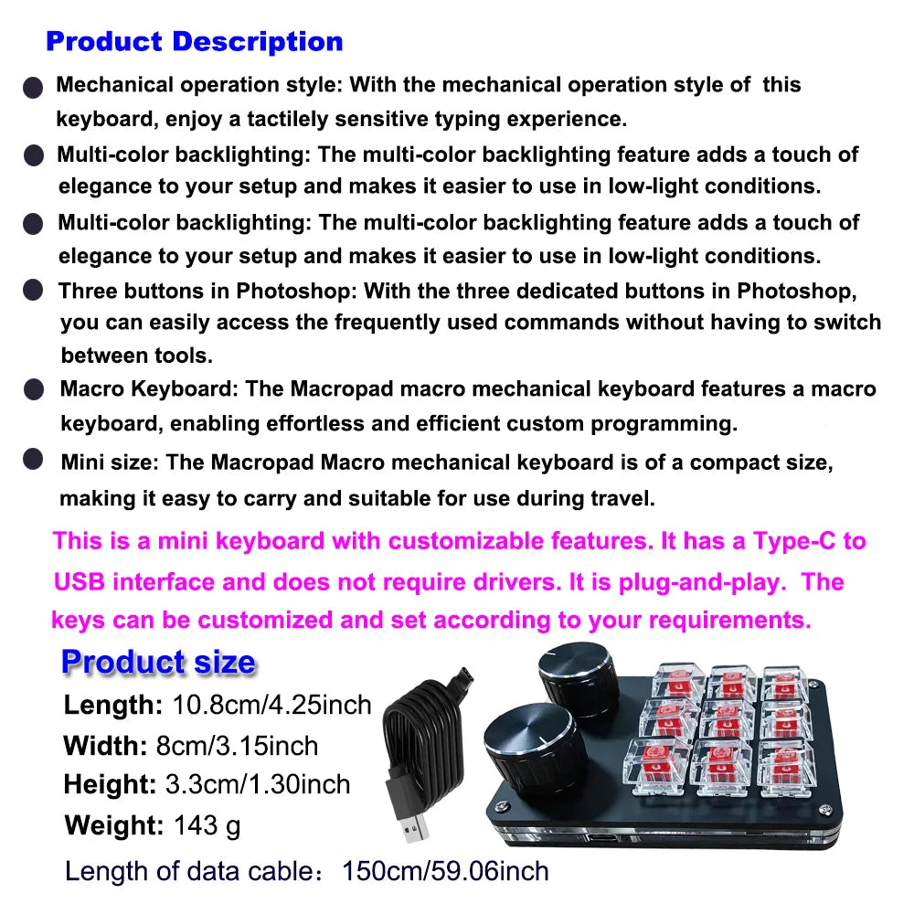 9-Key Multi-Functional Macro Keyboard — Customizable Mechanical Editing Tool