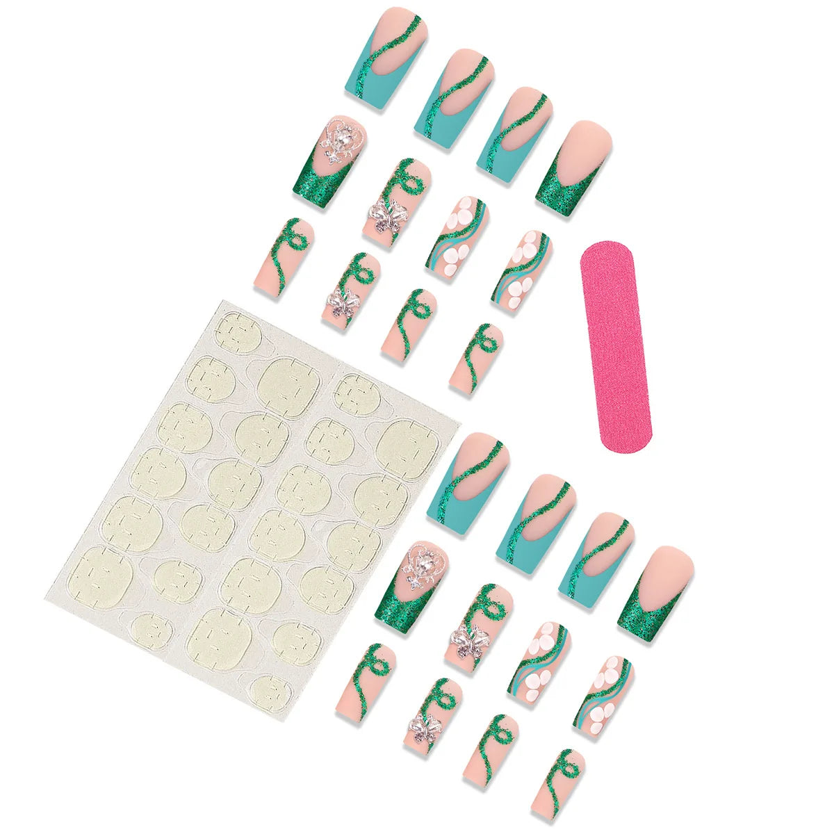 Long Coffin Press On Nails — Green French Tip Glitter Artificial Tips