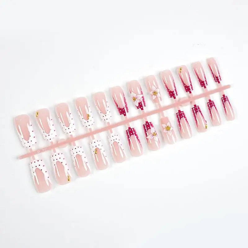 Cappuvini Floral and Polka Dot Press On Nails — Long Coffin Style Manicure Set