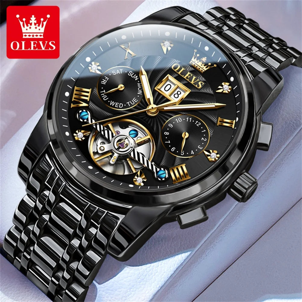 OLEVS Classic Men's Automatic Watch — Luxury Skeleton Tourbillon Design