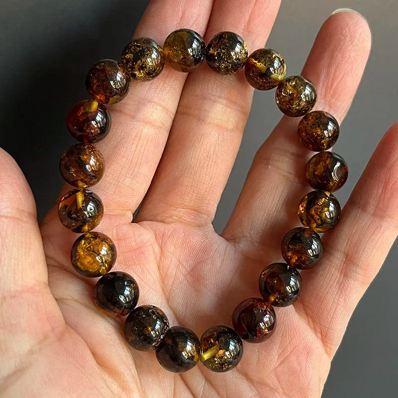 Yoowei Natural Baltic Amber Bracelet — Round Piebald Gemstone Jewelry