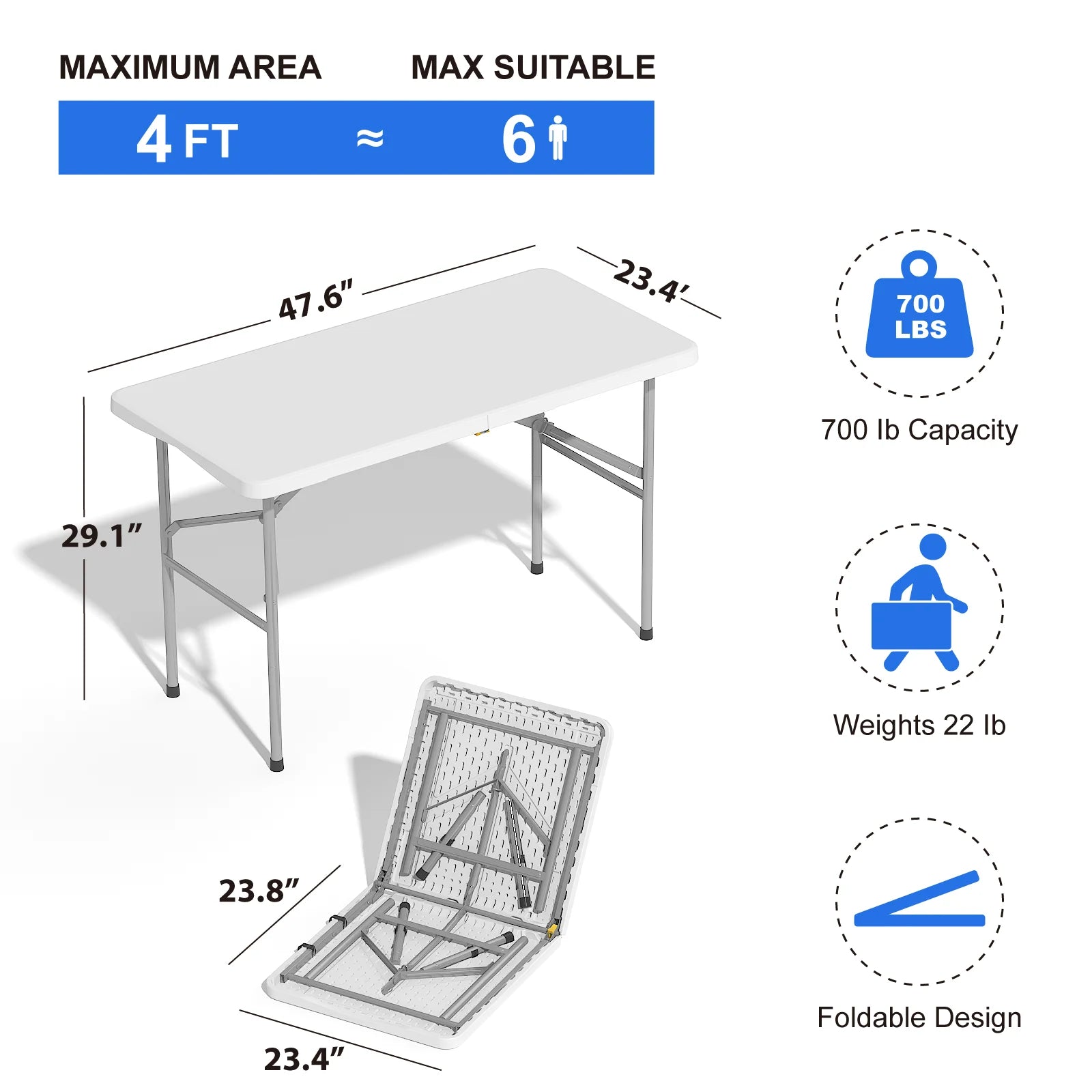 EVOKEDEN 4 FT Folding Table — Heavy Duty Portable Dining Surface