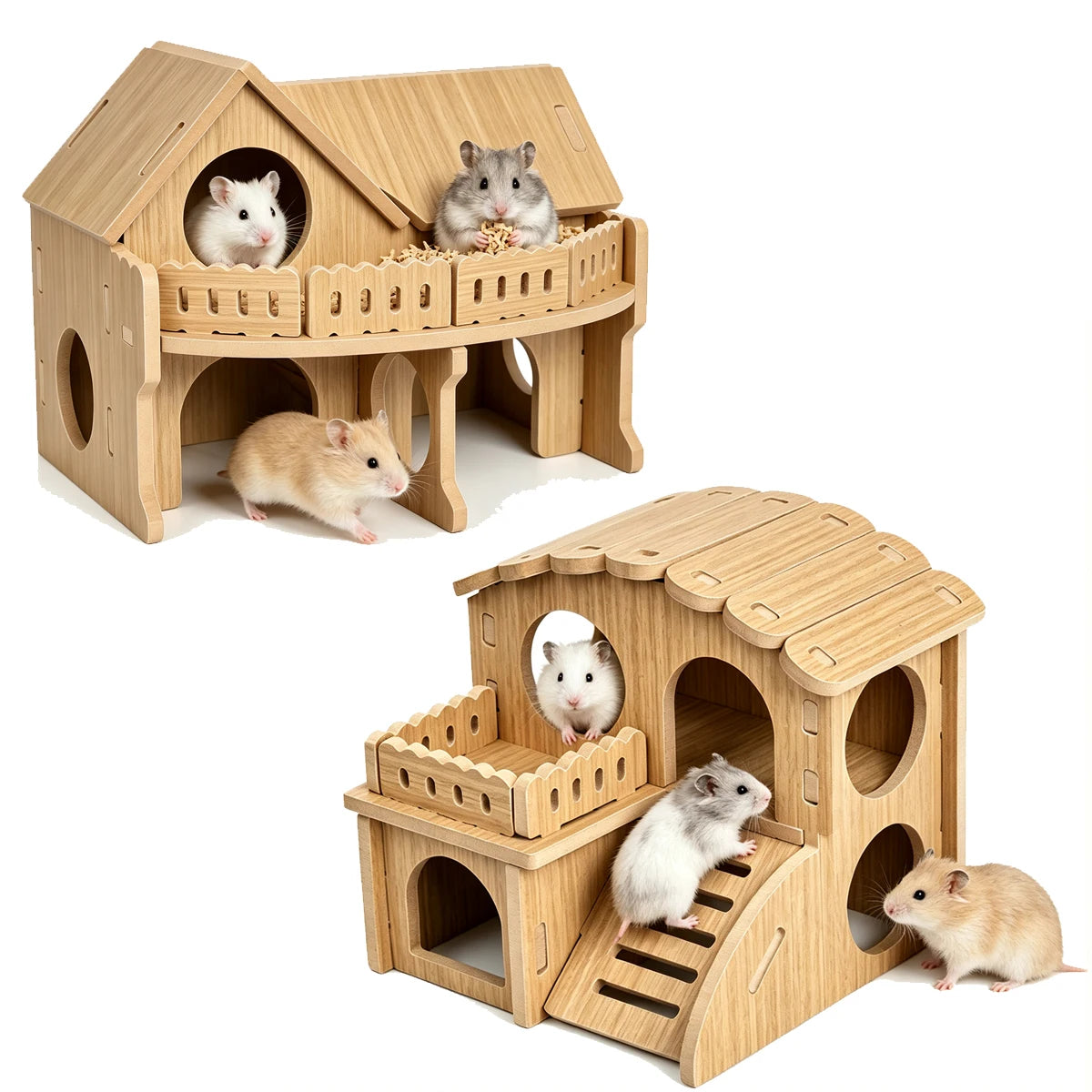 Wooden Multi-Chamber Hamster Villa — Small Pet Hideout and Activity Center