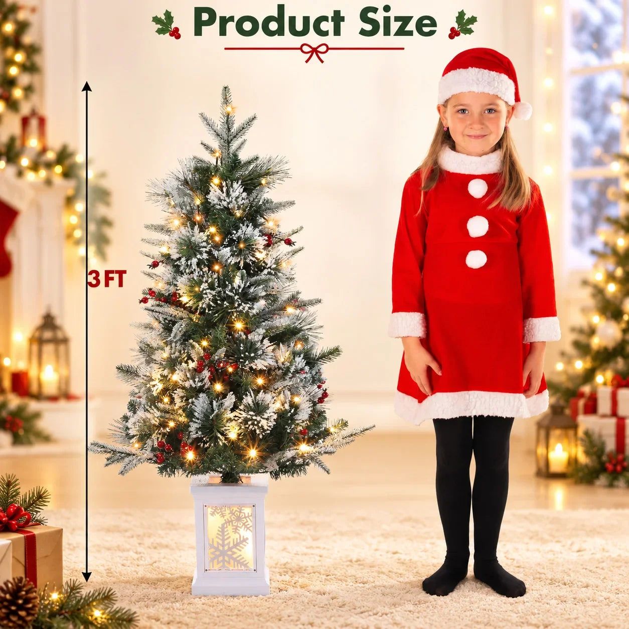 Pre-Lit Mini Christmas Tree — 3FT Flocked Artificial Tree with LED Lights
