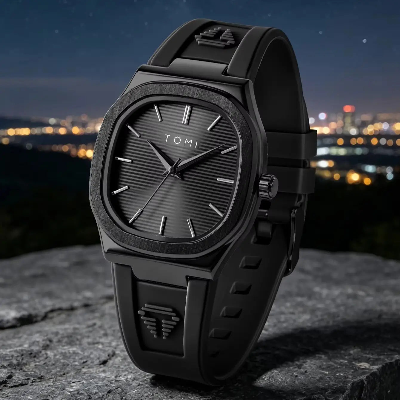 TOMI Men's Quartz Watch — Luxury Square Dial with Rubber Strap
