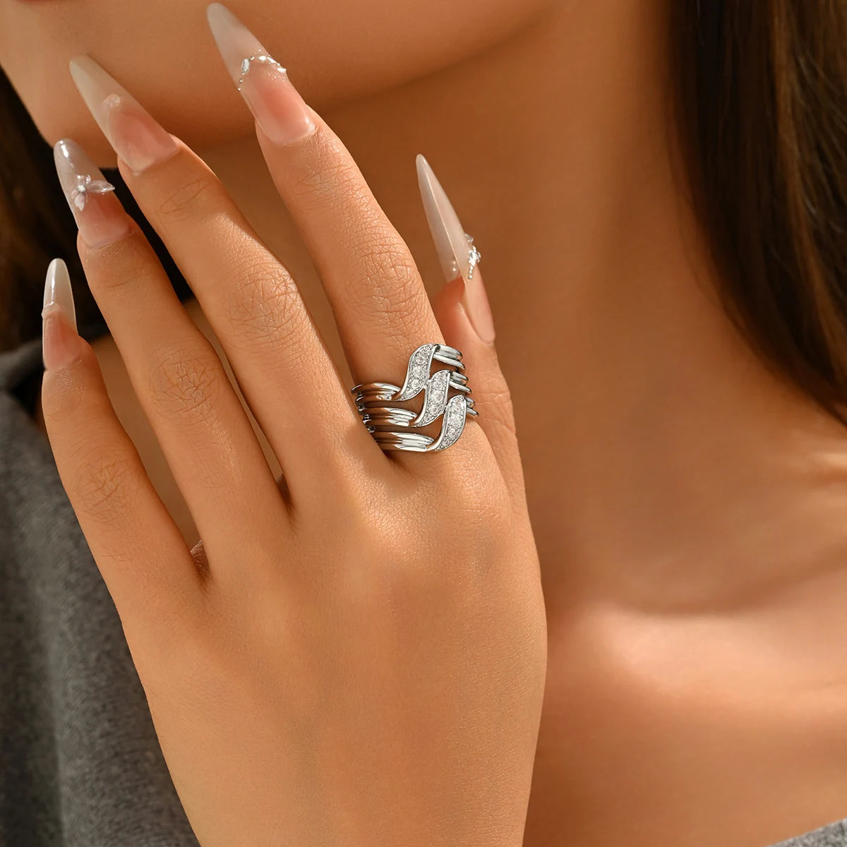 Obega Multi-Layer Leaf Shaped Ring — Paved Zirconia Wide Band Jewelry