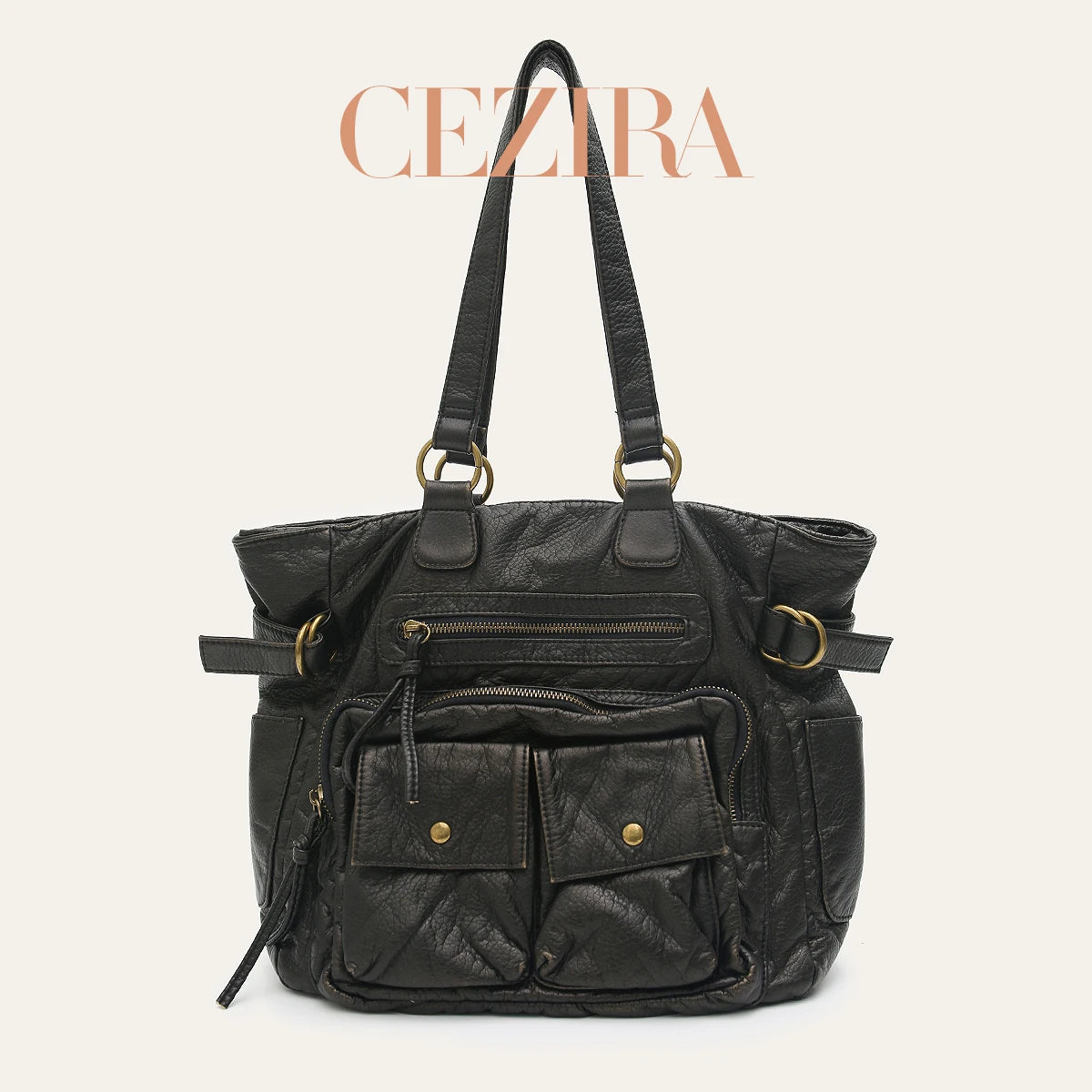 CEZIRA Retro Washed Vegan Leather Tote — Multi-Pocket Shoulder Bag