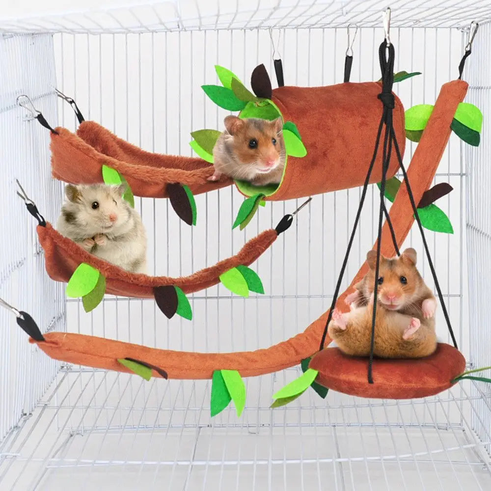 Small Animal Hanging Hammock Set — Soft Plush Cage Bed & Tunnel