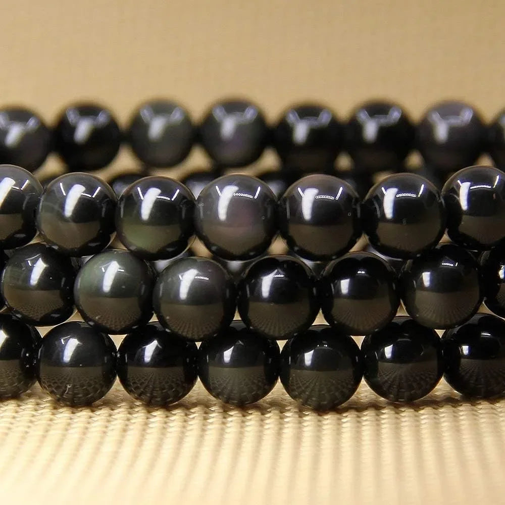 Natural Gemstone Obsidian Bracelet — Handmade Elastic Crystal Bead Jewelry