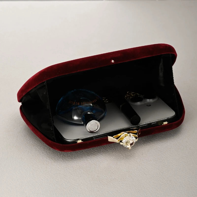 Elegant Velvet Evening Clutch — Formal Party Purse with Diamond Accents