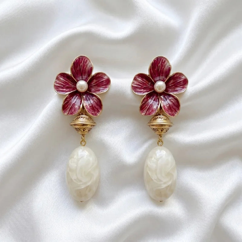 Obega Vintage Floral Enamel Drop Earrings — Romantic White Bead Dangle Jewelry