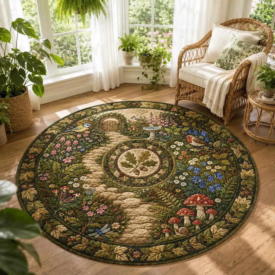 Mushroom and Bird Pattern Round Carpet — Pastoral Style Decorative Area Rug