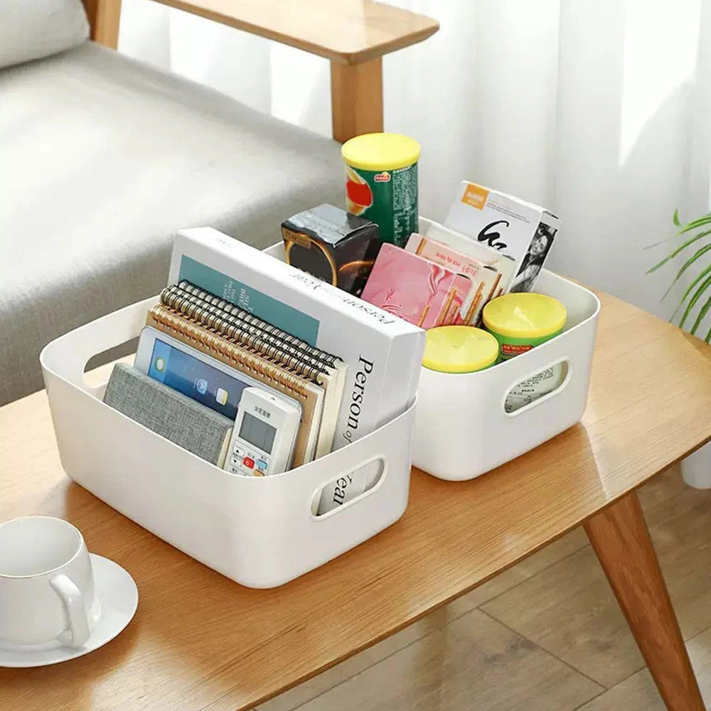 Multipurpose Plastic Storage Bin — Stackable Desktop Organizer with Handles